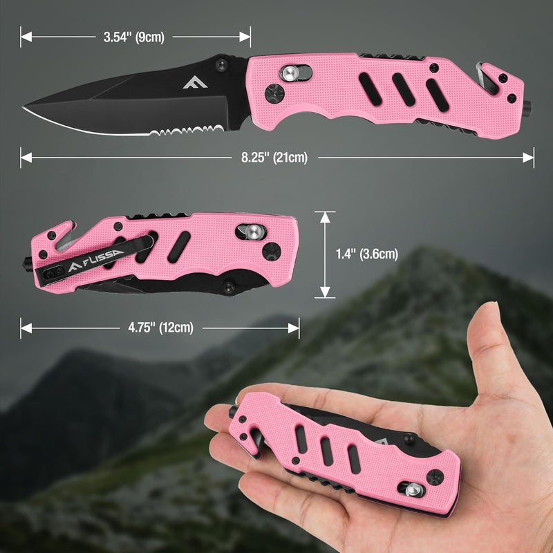 FLISSA Folding Pocket Knife with Clip, Glass Breaker and Seatbelt Cutter, Survival Knife for Emergency Rescue Situations, EDC Knife for Tactical, Hunting, Camping, Outdoor, Unique Gifts for Dad, Father-Pink - Image 3